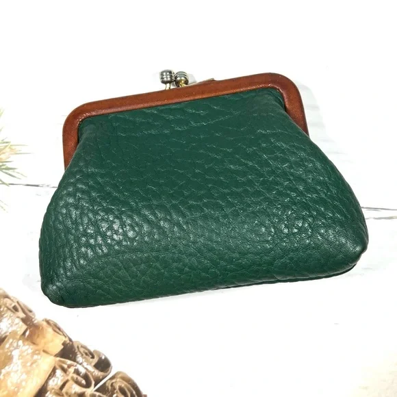 🦆 DOONEY & BOURKE LEATHER KISSLOCK COIN POUCH IN FOREST GREEN WITH TAN TRIM - Picture 2 of 10